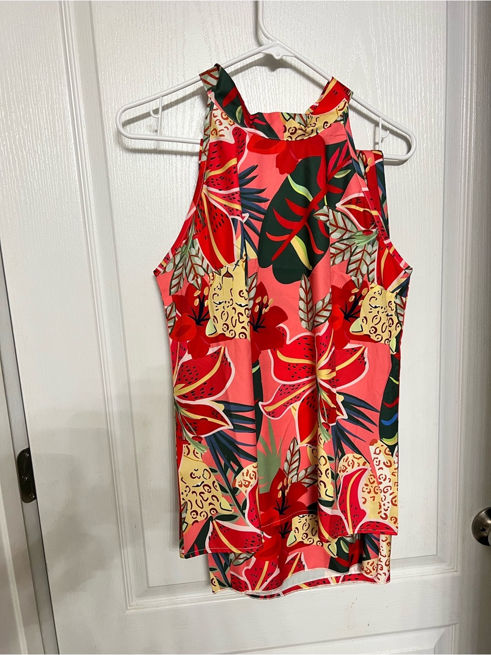 Tropical Floral Halter Tank Top and wide leg side zippered pants - Coral Red Mix